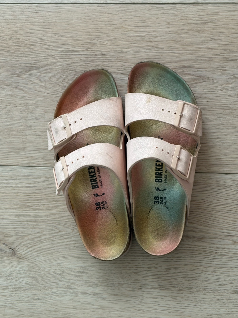 Birkenstock Womans neutral Pink Leather Two-Strap Sandals with Rainbow Footbed